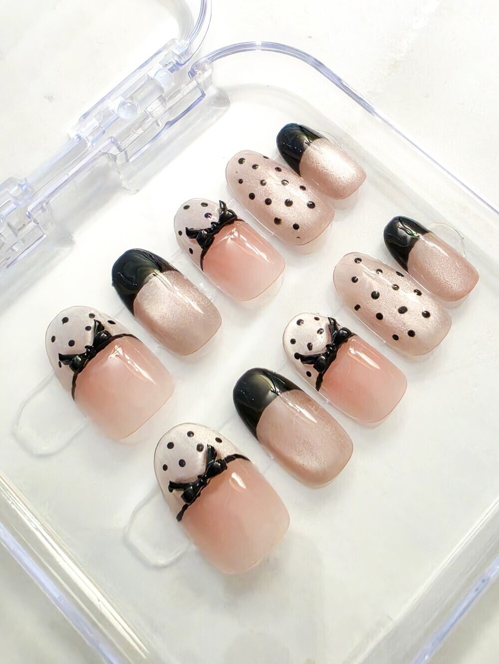 Coquette Press On Nails Small Blush Pink Black French Polka Dot Bow - Picture 4 of 8